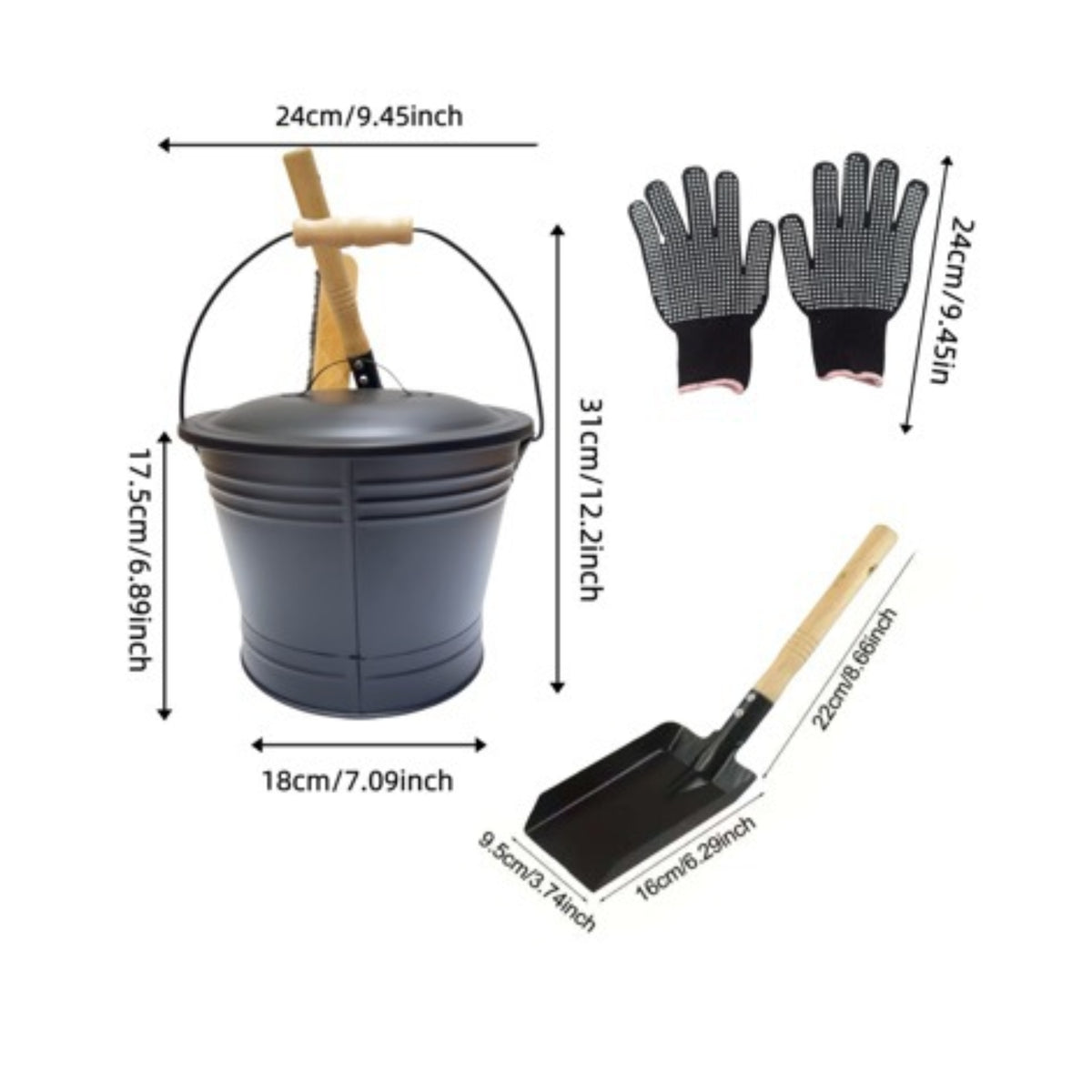 Fireplace Ash Bucket Kit Black Ash Bucket with Lid Tapered for, Hearth