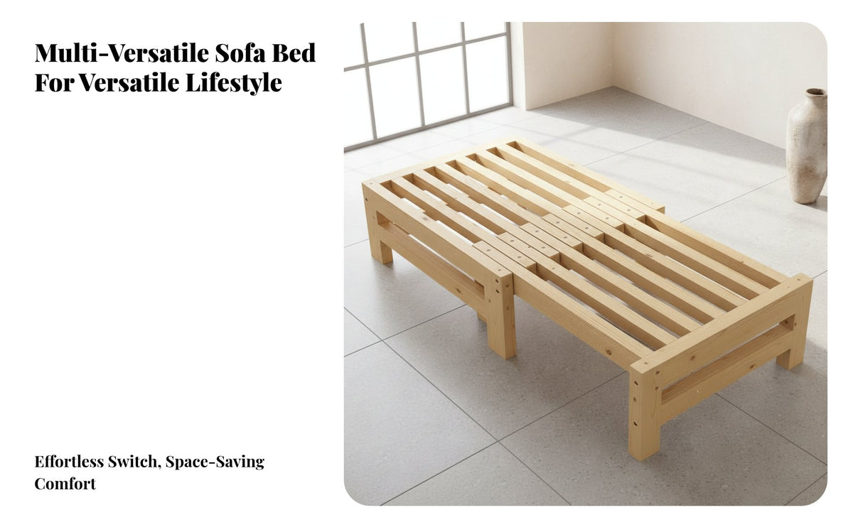Solid Wood Construction Extendable Wooden Bed Frame Multi-Functional Pull-out Sofa Daybed Space Saving Pull out Daybed Frame Quiet Casters for Students, Renters, Homeowners, Small Areas, Apartment, Bedroom, Office