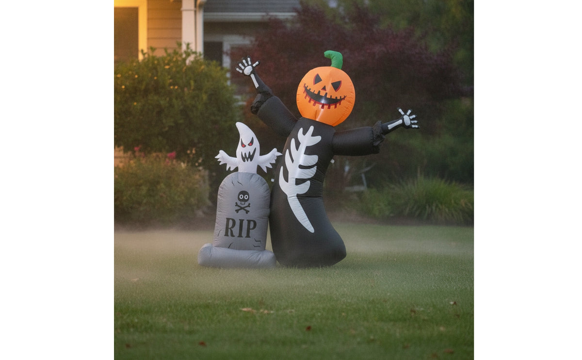 2 Pieces Freestanding Inflatable Skeleton with Pumpkin Head Spooky Inflatable Tombstone with Ghost Outdoor Halloween Inflate Decoration Scary for Lawn
