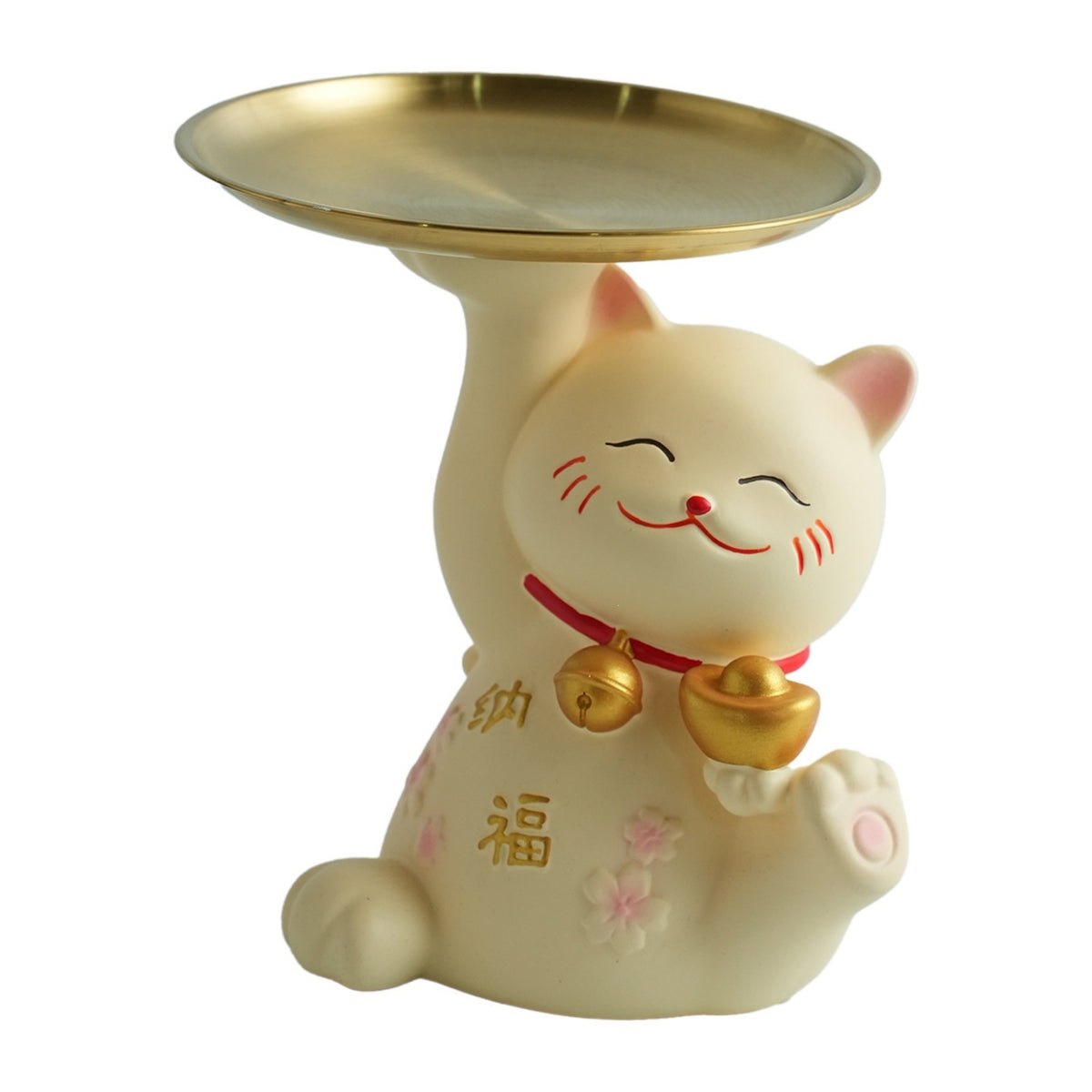 Auspicious Cat Figurine with Tray Resin Cat Figurine Tray Stylish for Entryway