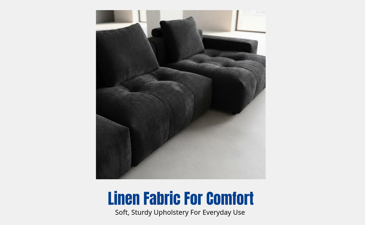 Modern Linen Sofa, Minimalist Italian Sectional, Black, Living Room Corner Couch