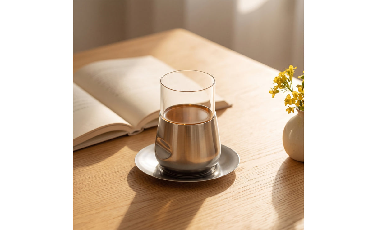 Glass Teacup and Saucer Set | Stainless Steel, Polished, Teacup with Saucer, for Tea Service