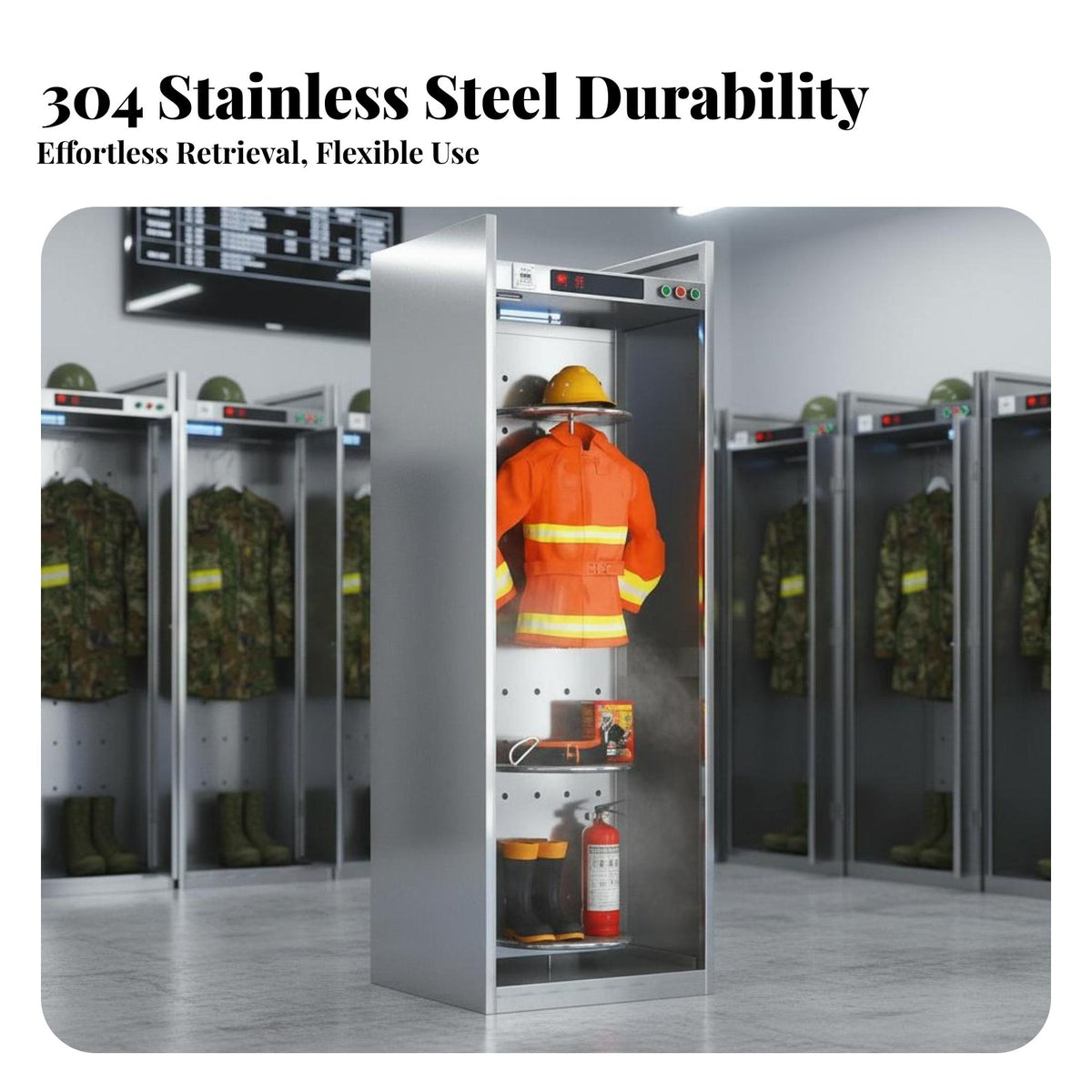 Operational Suit Storage Rack Stainless Steel Electric Uniform Dehumidifying Rack Double-Sided Design Fire Station Locker for Firefighters