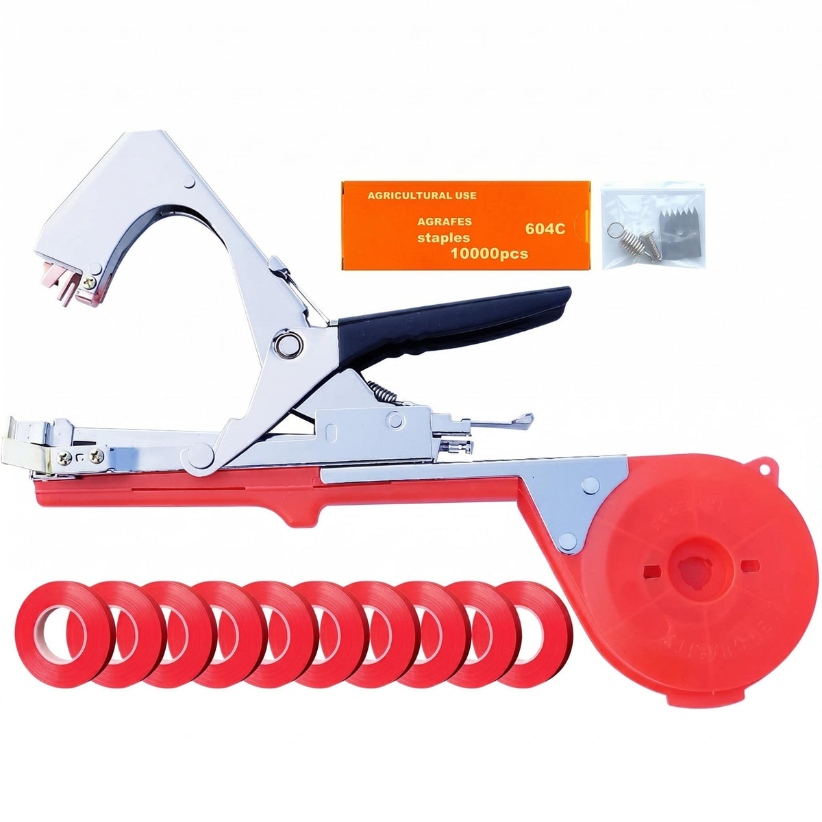 Metal Stapling Head Vegetable Stem Tying Machine Handheld Vine Tying Machine Reel Holder Plant Tie Black Grip for Farm, Garden
