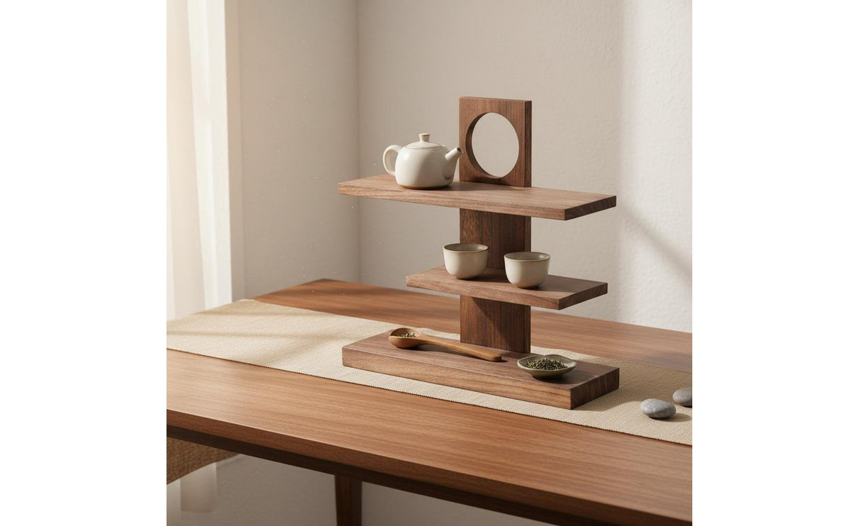 Multi-Tier Tea Set Display Rack Solid Wood Chinese Style Curio Shelf Stable Structure Wooden Tabletop Organizer for Collectors, Living Room, Office