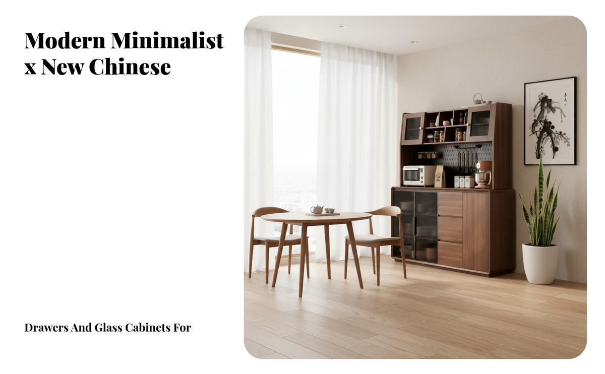 Dining Room Storage Cabinet New Chinese Design Coffee Bar Cabinet Versatile Functionality Wooden Sideboard with Glass Doors for Homeowners, Entryway