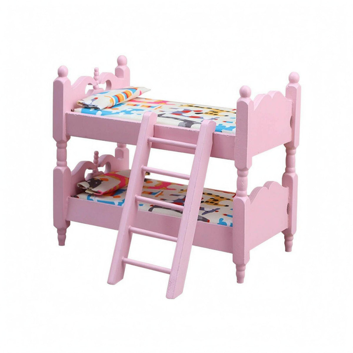 Pink Miniature Bunk Bed with Ladder Rounded Headboards Toy Furniture for Collectors, Children