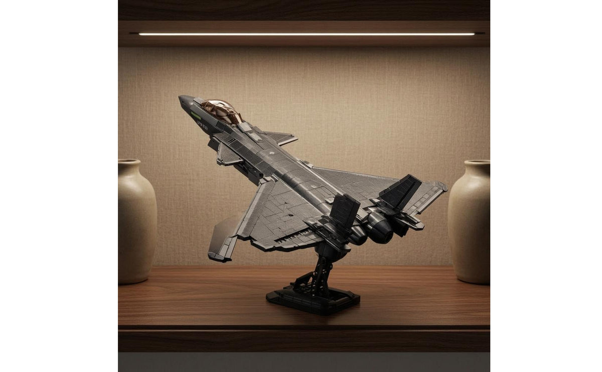 Clear Cockpit Canopy Stealth Jet Model Shiny Finish Fighter Jet Model Dark Gray Brick-Built Aircraft Printed Details for Presentation