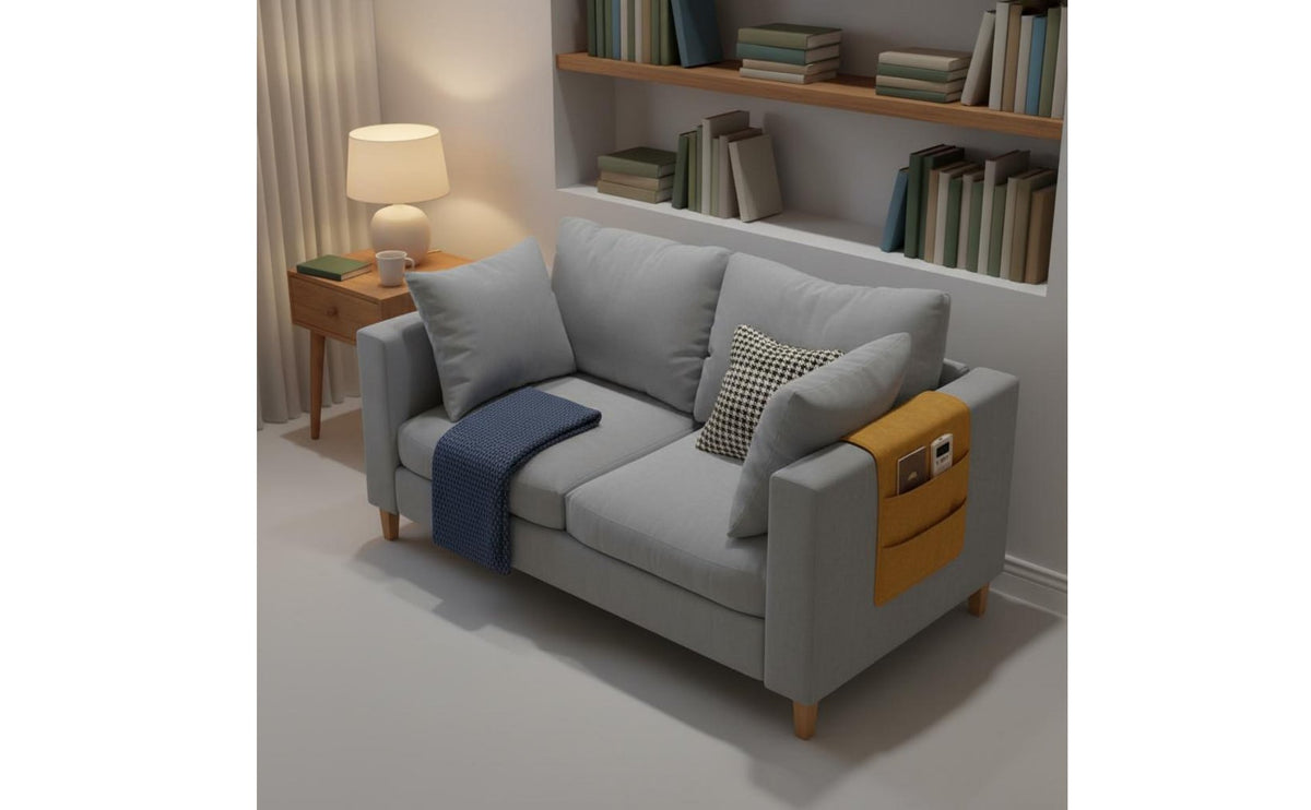 Space Saving Small Textile Sofa Deep Seat Compact Apartment Couch Solid Wood Frame Minimalist Textile Couch With Armrest Organizer for Bedroom