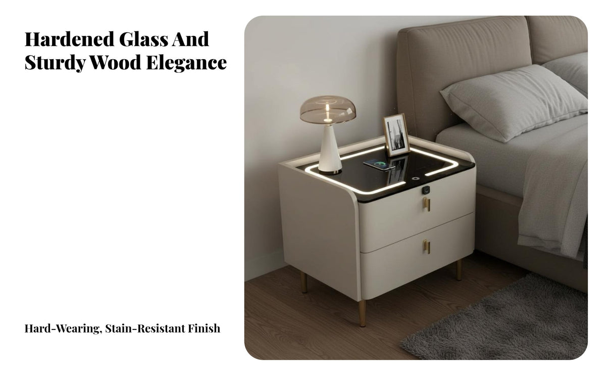 Modern Design Smart Nightstand with Drawers Built-in Charging Station Smart End Table with Drawers Spacious Storage Bedroom Furniture Adjustable LED Lighting for Tech Enthusiasts, Couples, Homeowners