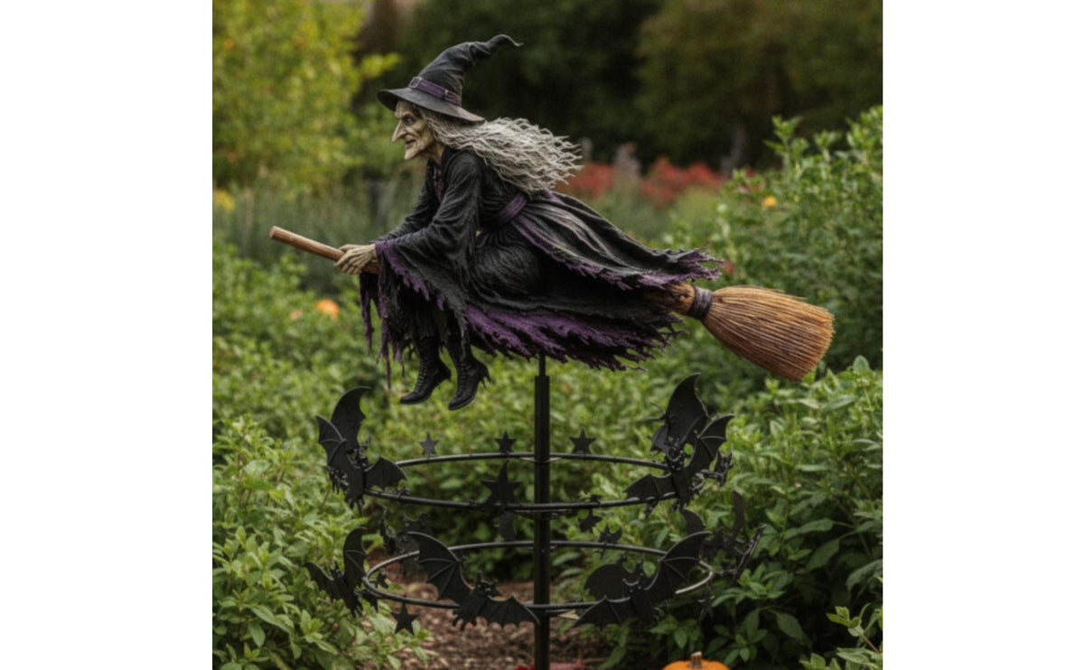 Halloween Kinetic Wind Rotator with Witch Rotating Witch Wind Rotator Spooky Yard Art Whimsical for Pathway