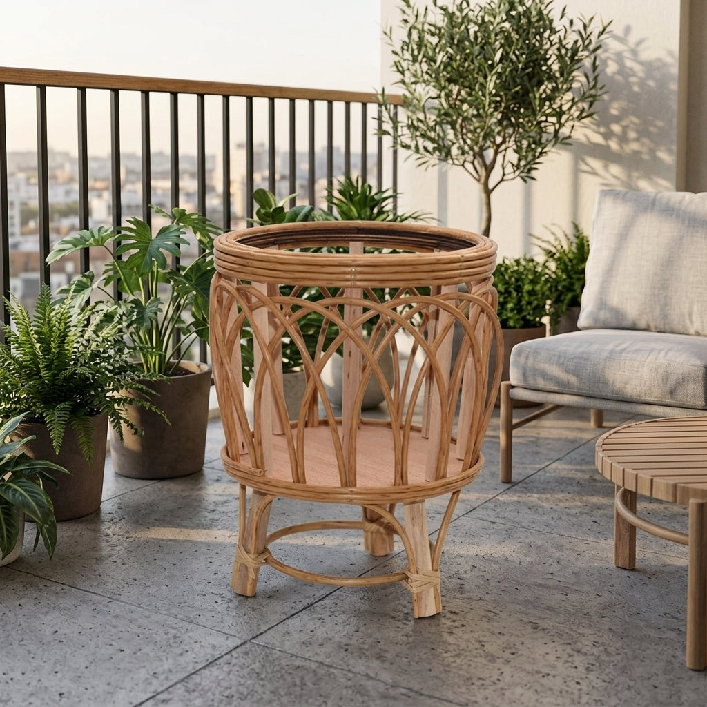 Plant Stand with Wicker Basket for Indoor Plants, Modern Minimalist Living Room Decor, Four-Legged Rattan Floor Standing, Hand Woven Cylindrical