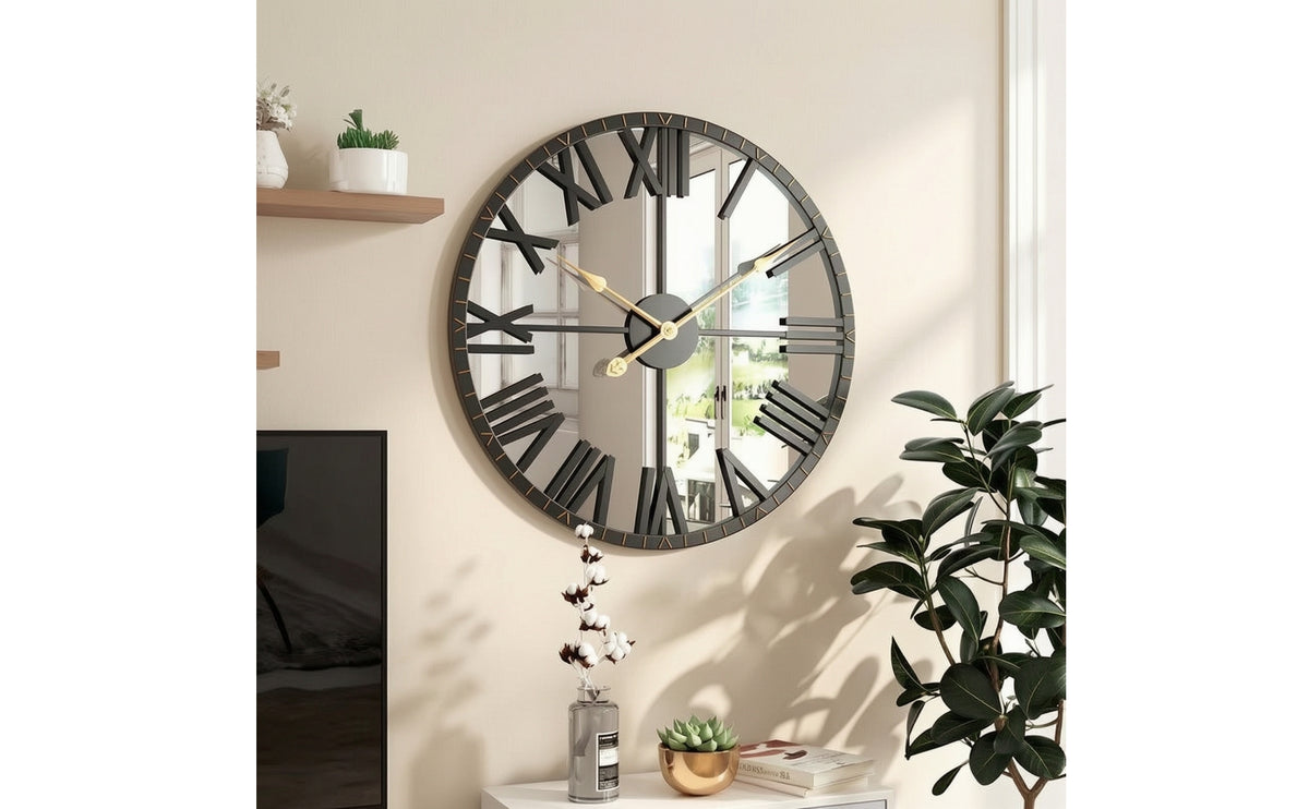 Mirror Wall Clock Mirrored Wall Clock with Roman Numerals Roman Numerals Large Decorative for Living Room, Entryway