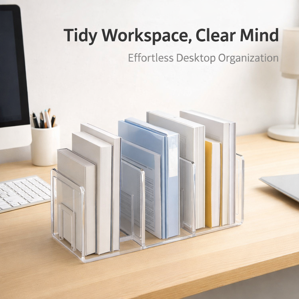 Desk Storage Organizer for Students, 4 Tier Clear Acrylic Desktop File Holder, Thickened Vertical Document Filing Rack for Workspace