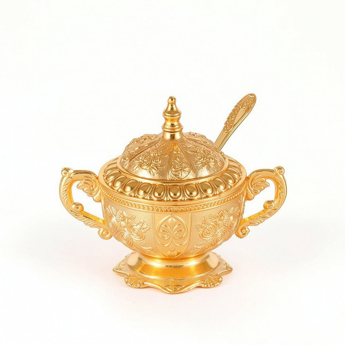 Ornate Sugar Bowl with Lid and Spoon Vintage-Style Sugar Bowl with Spoon Gold-Colored Elegant Embossed for Collectors