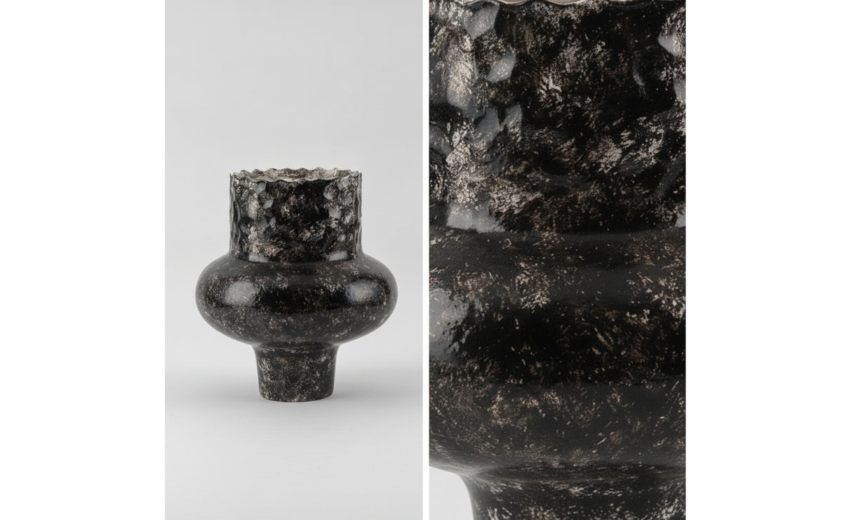 Silver-Speckled Vase with Scalloped Rim Black Bulbous Vase Glossy Decorative for Home Decorators, Florists, Living Room, Entry Table, Display Shelf
