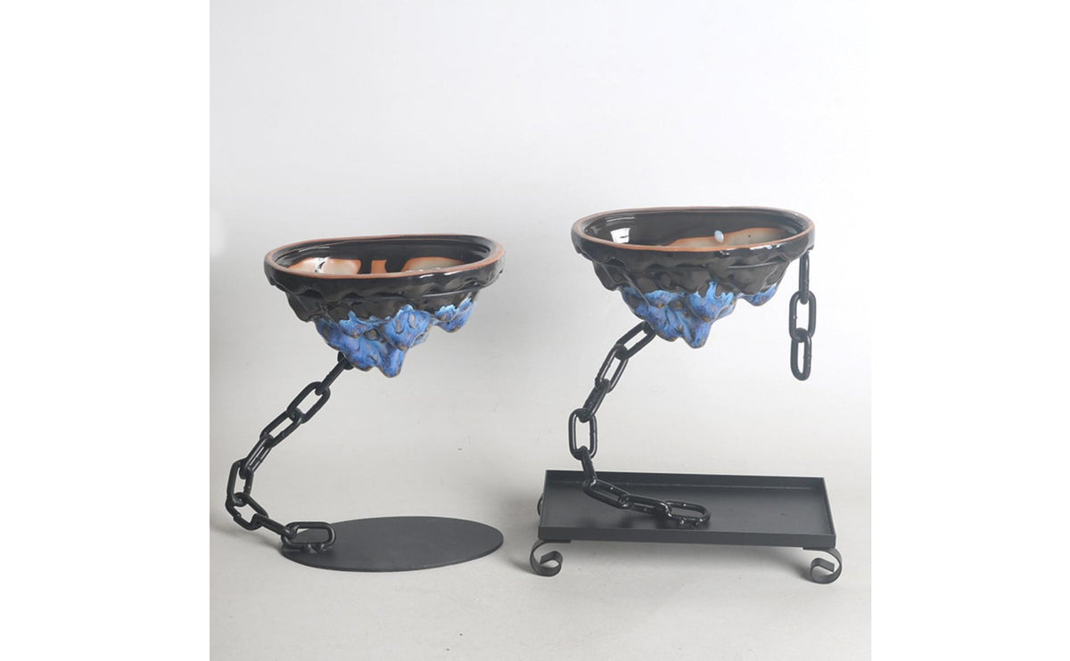 Iron Chain Ceramic Hanging Planter Glossy Tabletop Planter Display Textured Ceramic Hanging Pot Black
