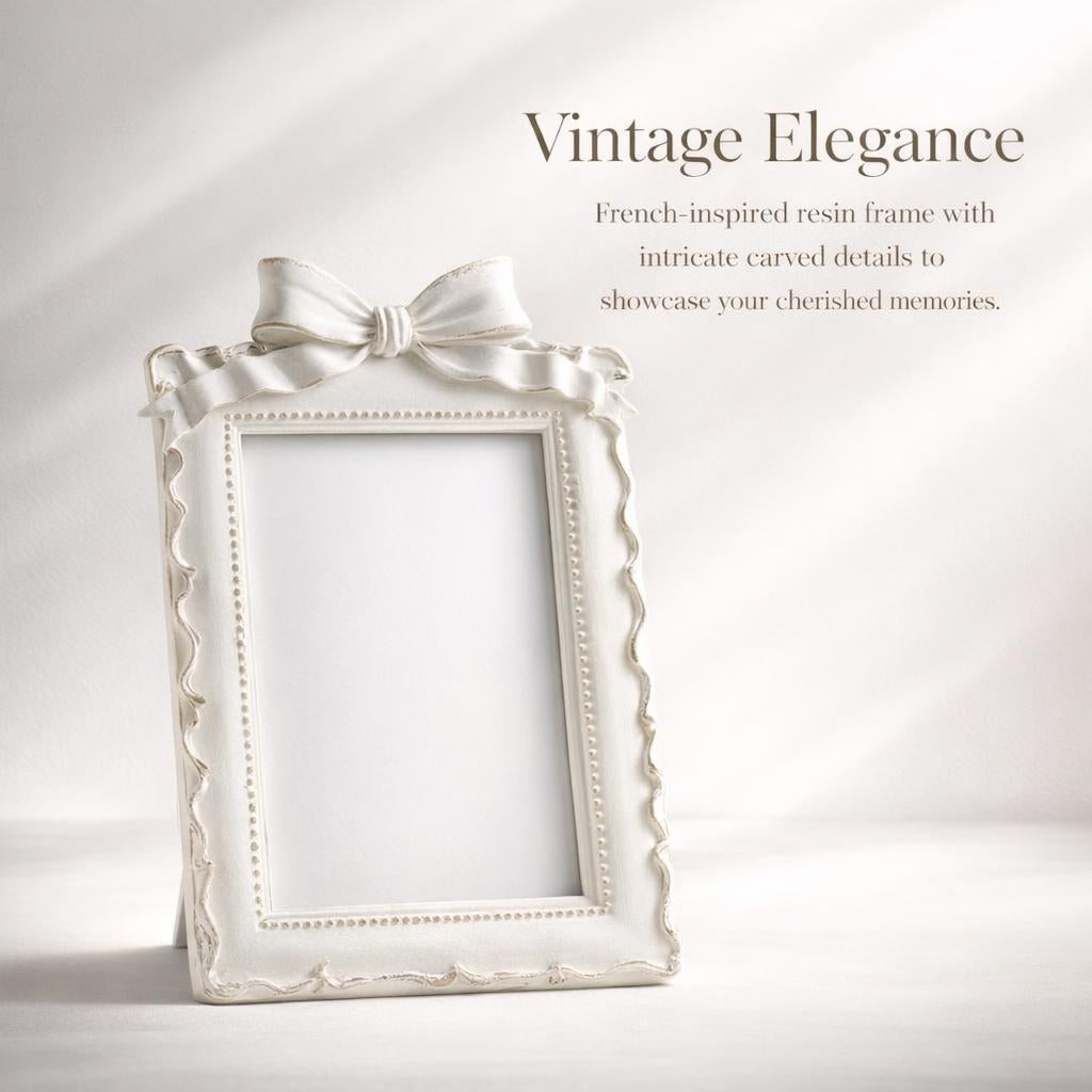 French Vintage Bow Photo Frame, Distressed White Resin Picture Frame, European Classical Ornate Display, Tabletop Frame for Home Decor
