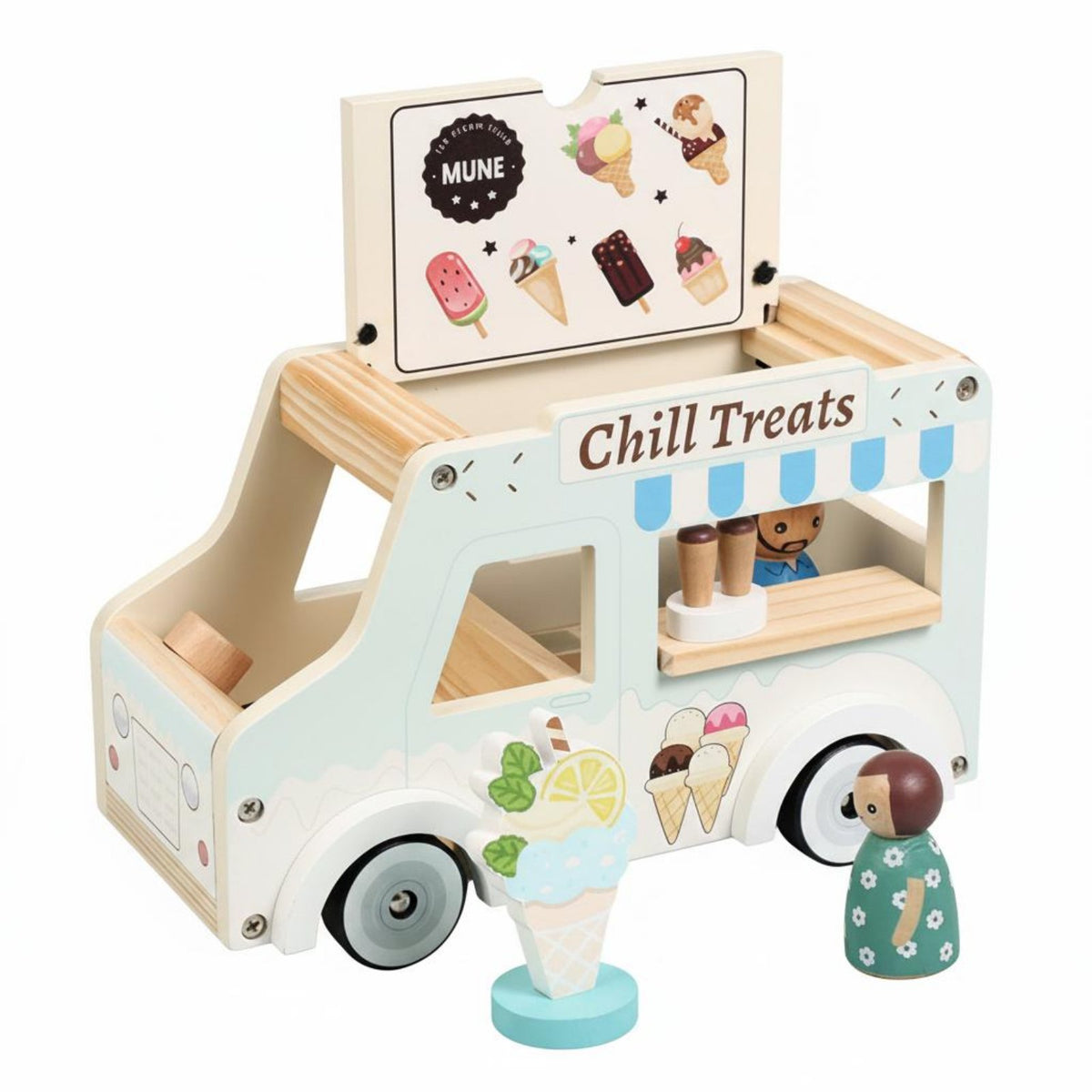 Early Learning Ice Cream Wagon Stroller Interactive Pretend Ice Cream Truck Child-Safe Materials Wooden Baby Stroller Sturdy for Toddlers, Babies, Indoor Play, Nursery