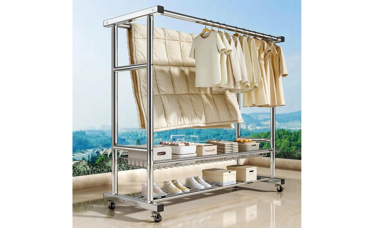 Stainless Steel Clothes Drying Rack Floor-Standing Clothes Drying Rack with Wheels Double Rod Multi-Tier for Families, Apartment Dwellers, Laundry Room, Balcony
