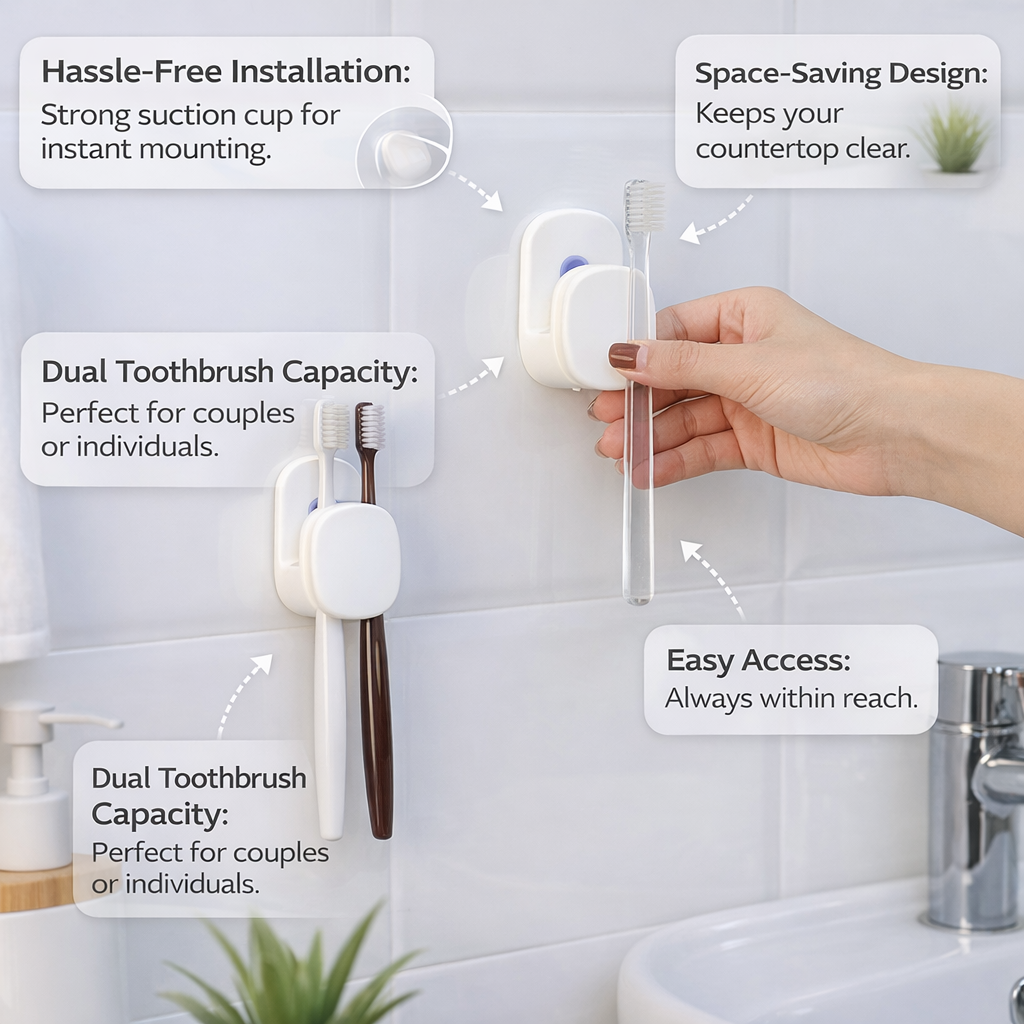 Suction Cup Toothbrush Organizer for , Wall Mounted Holder for Two People, Storage for Adults, No Drilling Required