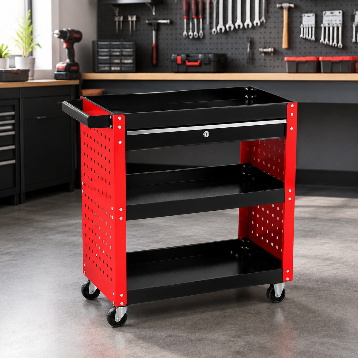 Sturdy Duty Tool Cart, 70x36x67cm Mobile Tool Storage with Locking System, 3 Drawer Tool Chest for Automotive Repair, Matte Black Steel