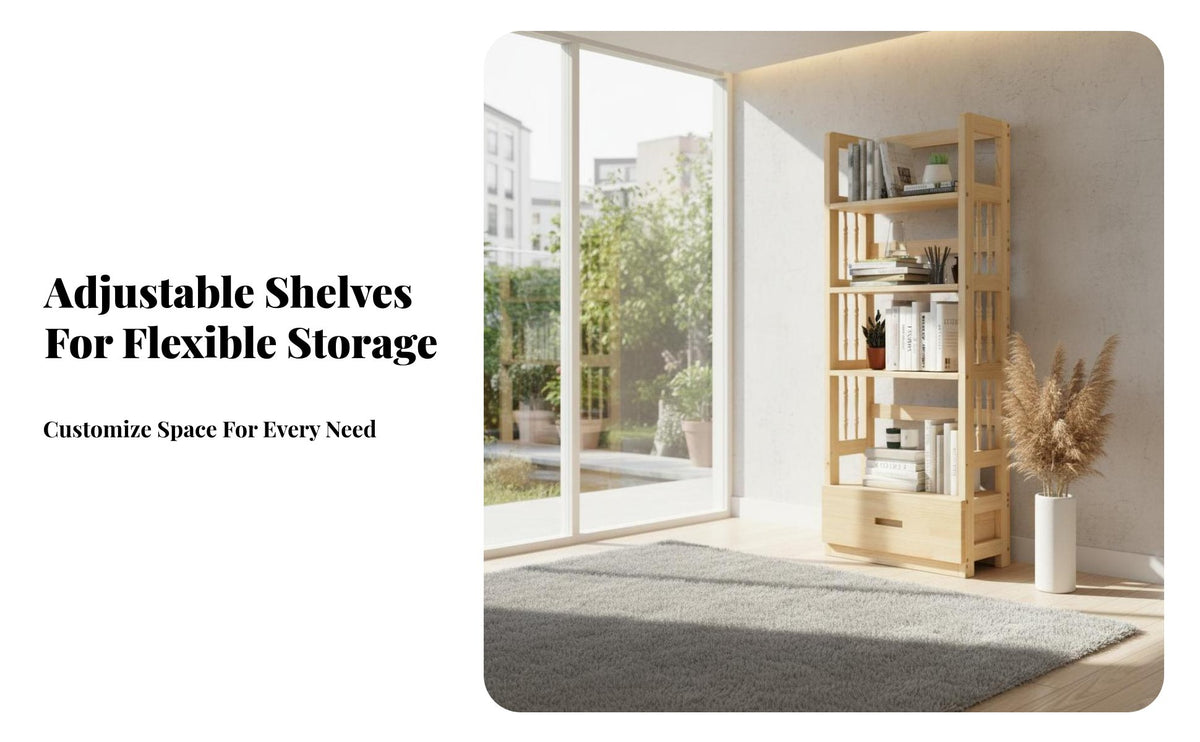 clean contemporary Design Freestanding Shelf with Drawers Multi-Functional 6-Tier Shelving Tower with Drawers Large Capacity shelving unit for Children, Book Lovers, Apartment Dwellers, Living Room, Home Office, Bedroom, Hallway