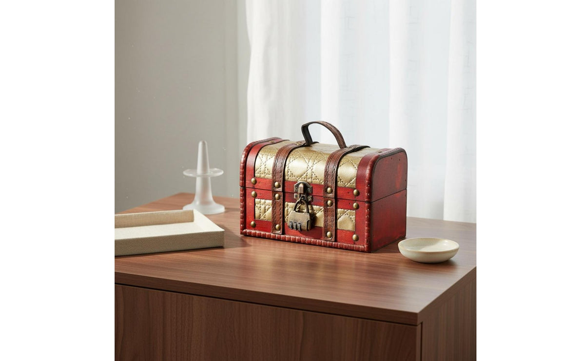 Decorative Keepsake Trunk Alloy Hardware Antique Design Storage Box Antique Design Wooden Box Lockable Jewelry Case Locking