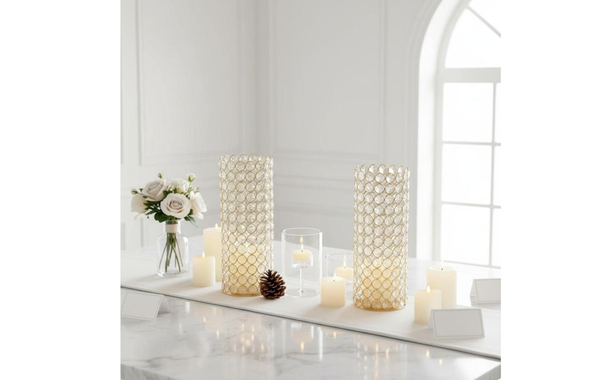 Dual Use Crystal Vase Elegant Crystal Candle Holder Luxury Design Cylinder Flower Display Metal Wire Frame for Wedding, Model Room