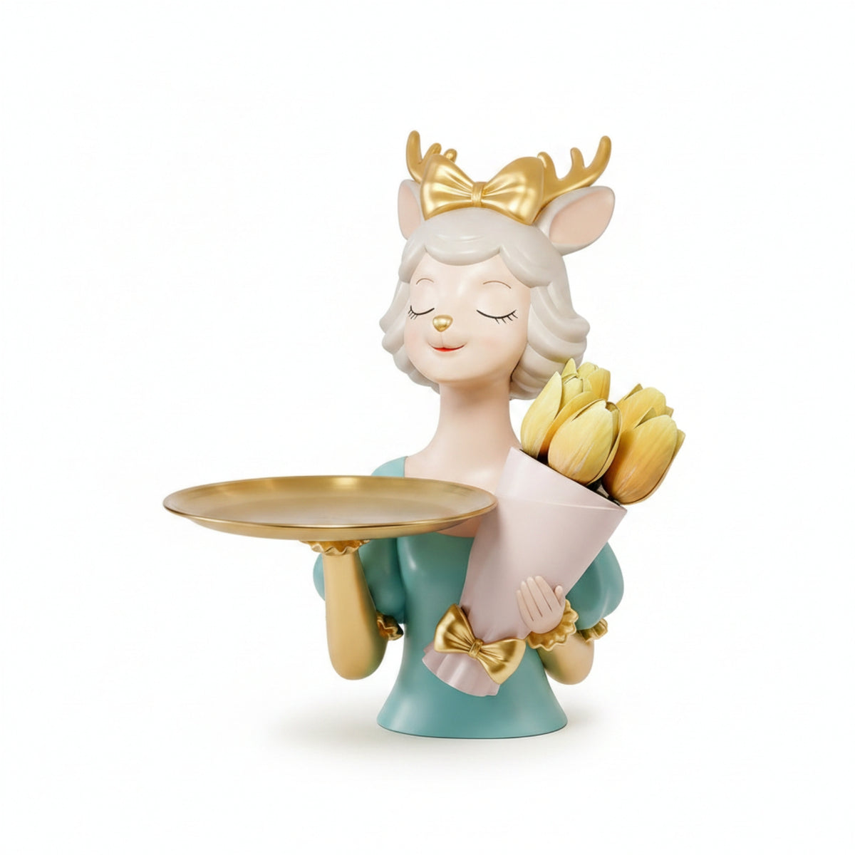 Decorative Deer Figurine with Tray Sculpted Deer Statue with Tray Attractive Tabletop Organizer Beautiful for Entryway, Dresser, Vanity