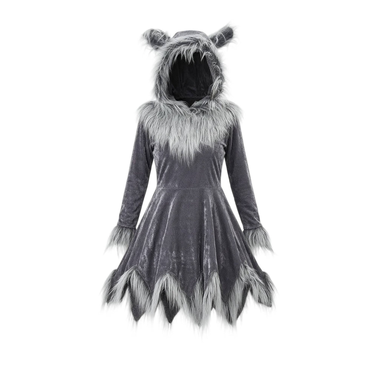 Wolf Costume with Hood Asymmetrical Wolf Dress with Hood Long Sleeves Outfit for Women