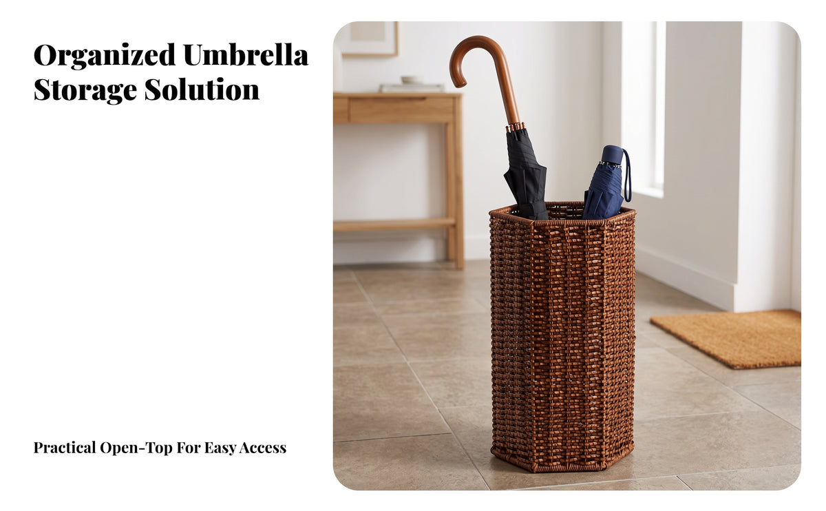 Walnut-Brown Imitation-Rattan Umbrella Holder Iron Frame Wicker-Style Umbrella Stand Easy to Clean Multi-Purpose Storage Basket Thickened Border