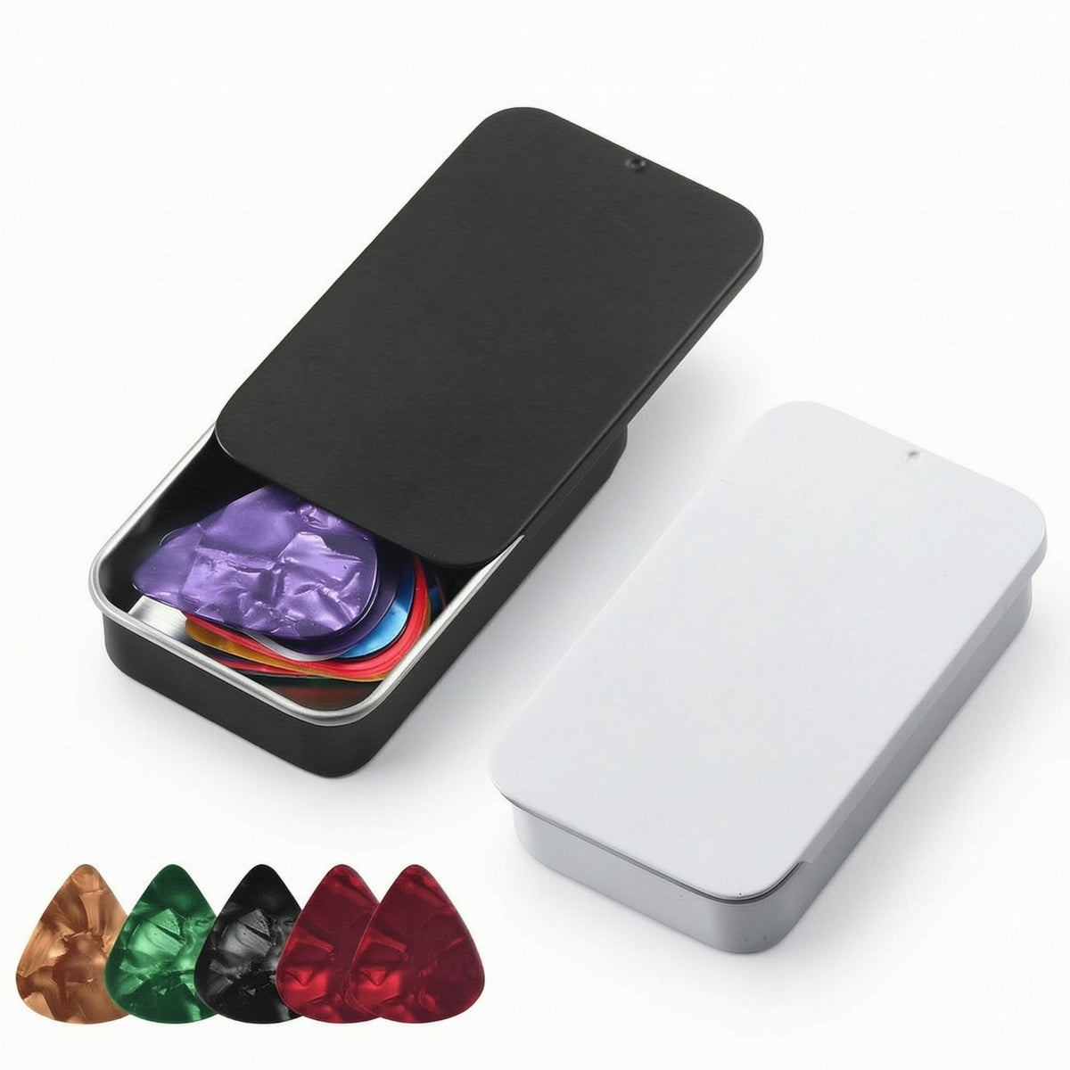 2 Pieces Guitar Pick Tin with Push-Pull Lid Easy Access Metal Pick Case with Picks Slim Tidy for Guitarists, Gig Bag, Travel