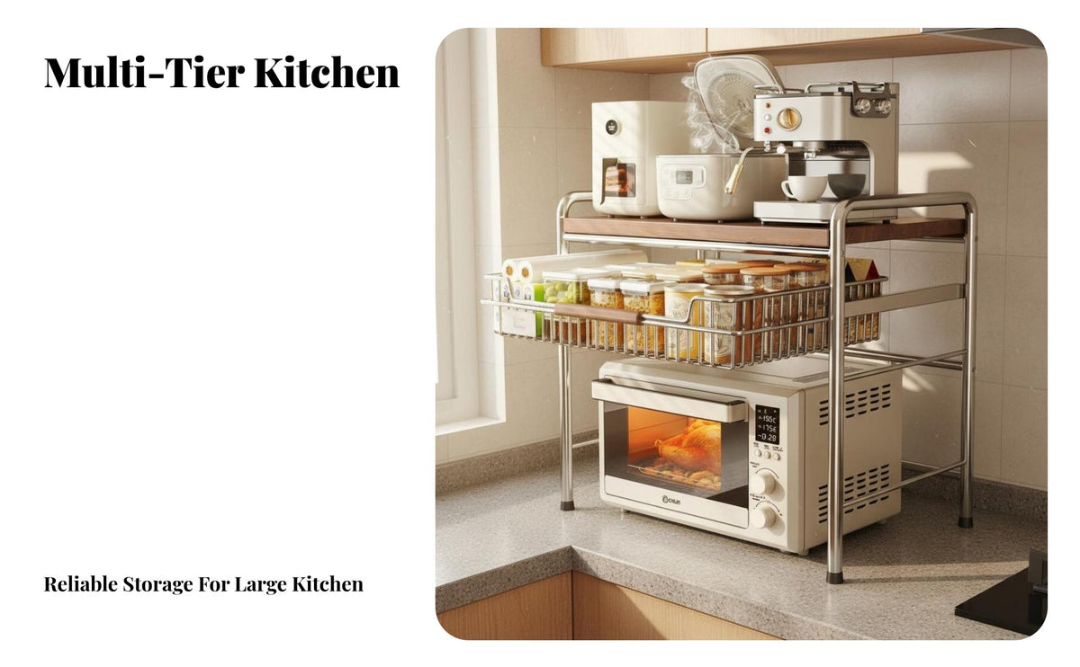 Multifunctional Wood and Steel Kitchen Rack Space Saving Microwave Oven Shelf with Drawer Rustproof Kitchen Appliance Storage Stand Sturdy & Long-Lasting for Home Cooks, Homeowners, Apartment Dwellers, Pantry, RV, Dorm Room, Office
