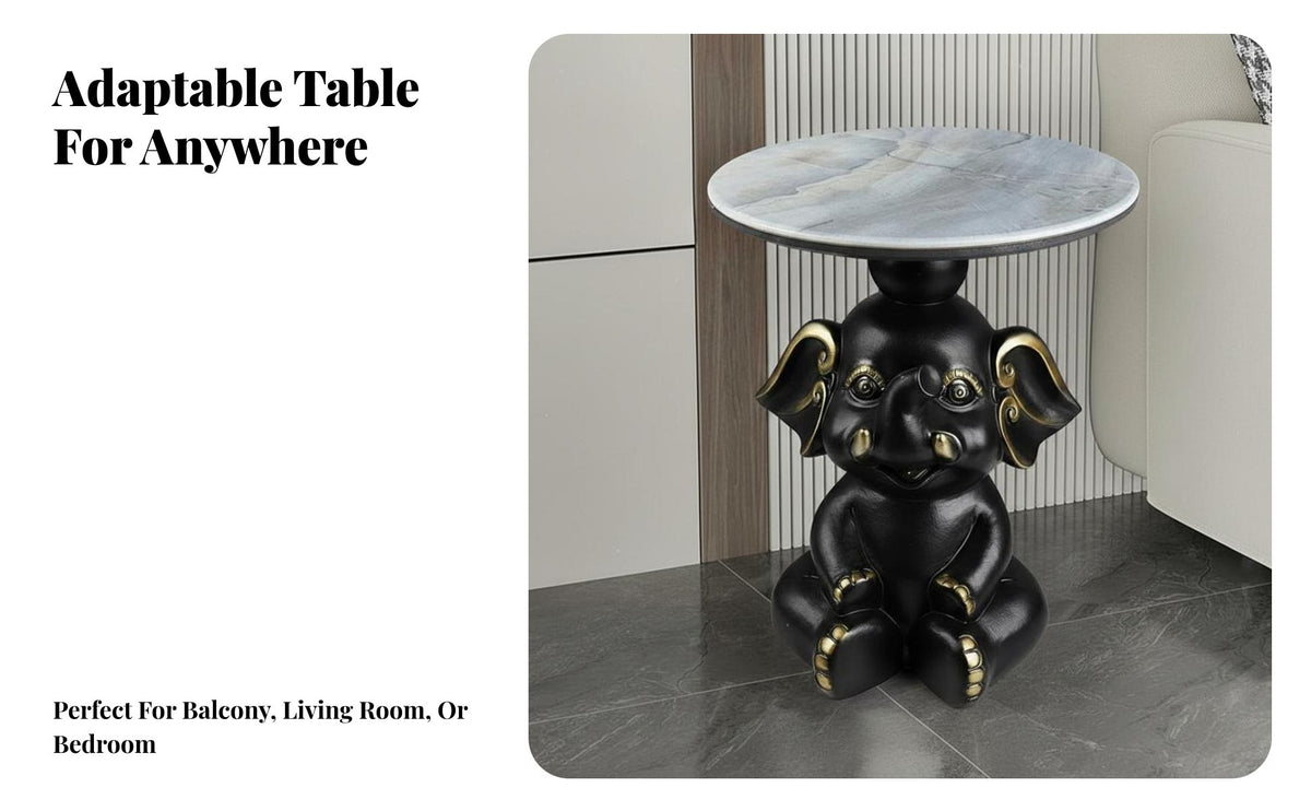 Marble Pattern Top Elephant Sculpture Stand Unique Design Accent Table Multi-Functional Sculptural Furniture Compact Size for Interior Decorators, Art Collectors, Living Room, Bedroom, Balcony, Entryway
