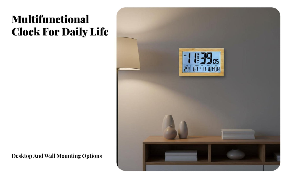 Multi-Function Temperature Humidity Clock Wood Grain Finish Calendar Clock with Temperature for Seniors, Families, Visually Impaired, Living Room, Desk, Bedroom, Kitchen