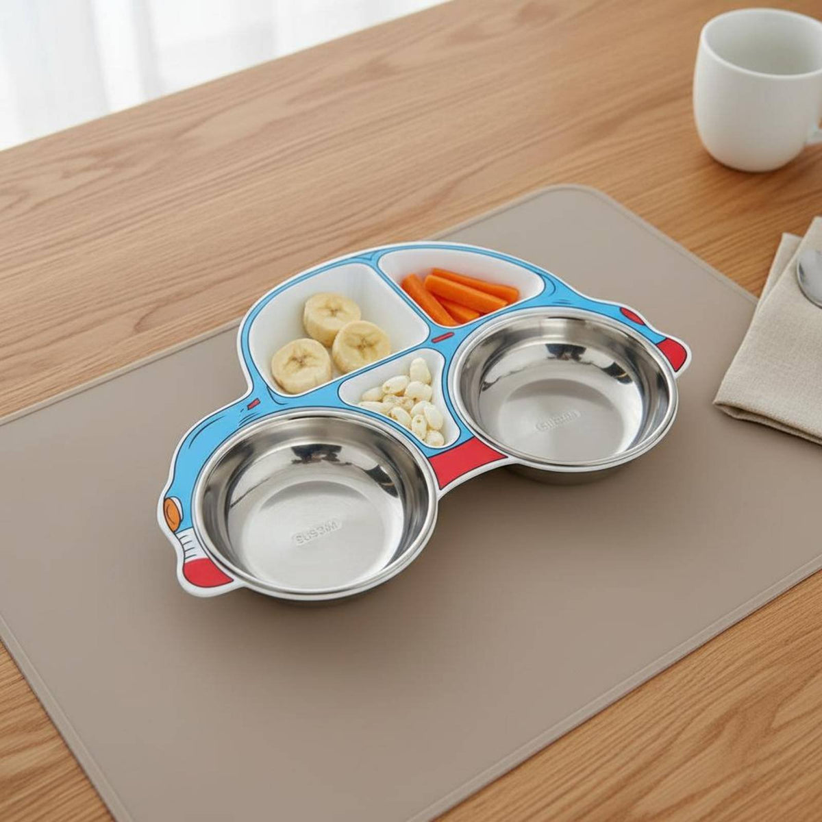 Complimentary Kids' Divided Food Tray Toddler Compartment Plate Cute Cartoon Design Stainless Steel Kids Plate Dishwasher Safe for Kindergarten
