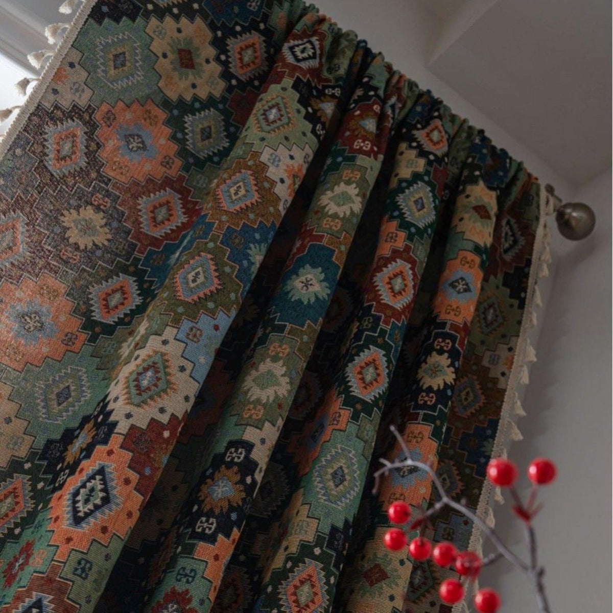 Bohemian Geometric Tassel Curtain, Semi-Blackout, Faux Linen, Floor-Length, Decorative Panel for Bedroom, Living Room
