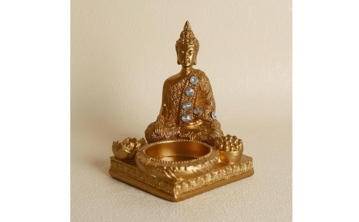 Intricate Details Buddha Tealight Holder Jeweled Accents Meditating Buddha Figurine Spiritual Decor Tabletop Statue Artisanal Look for Buddhists, Meditation Practitioners, Mindfulness Practice Enthusiasts, Living Room, Office, Entryway