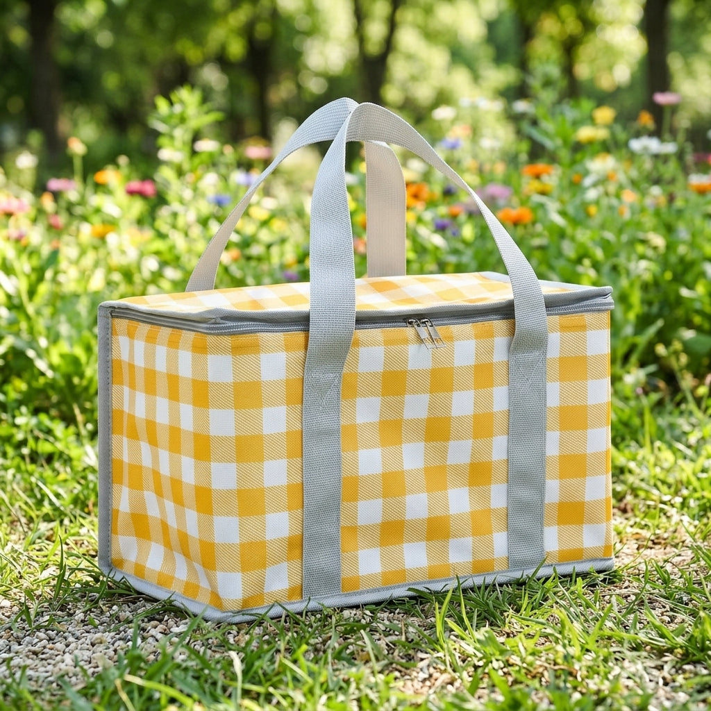 Cool Bag and Insulated Cool Box for Camping BBQ, Printed Oxford Cloth Picnic Basket with Ice Bag, Folding Food Delivery Case, Stitched Zipper