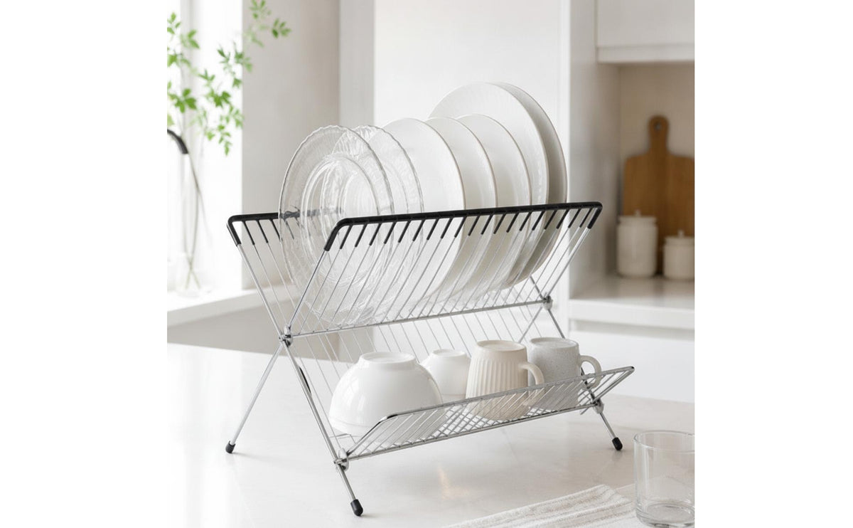 Space-Saving Two-Tier Dish Draining Rack | Countertop, Foldable Dish draining Rack, for Kitchen