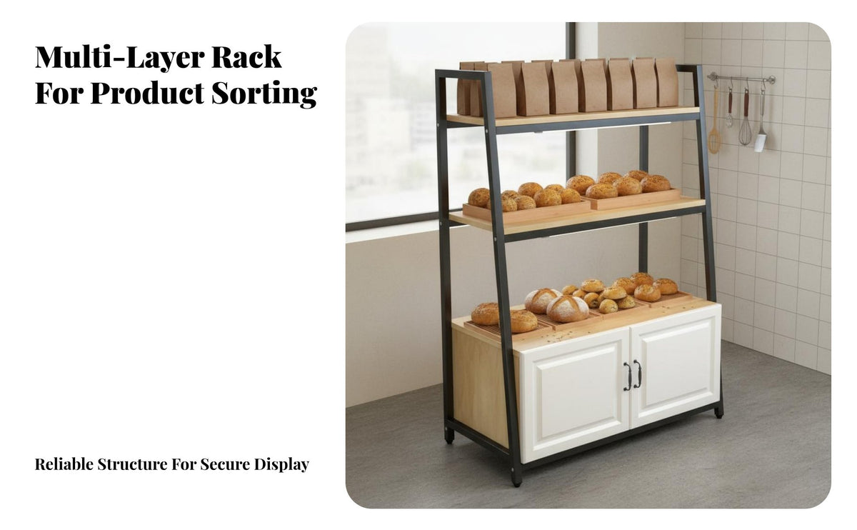 Bakery Display Rack Spacious Storage Bread Display Stand Heavy-Duty Multi-Tier Shelf with Cabinet for Retailers, Supermarket, Cafe, Convenience Store