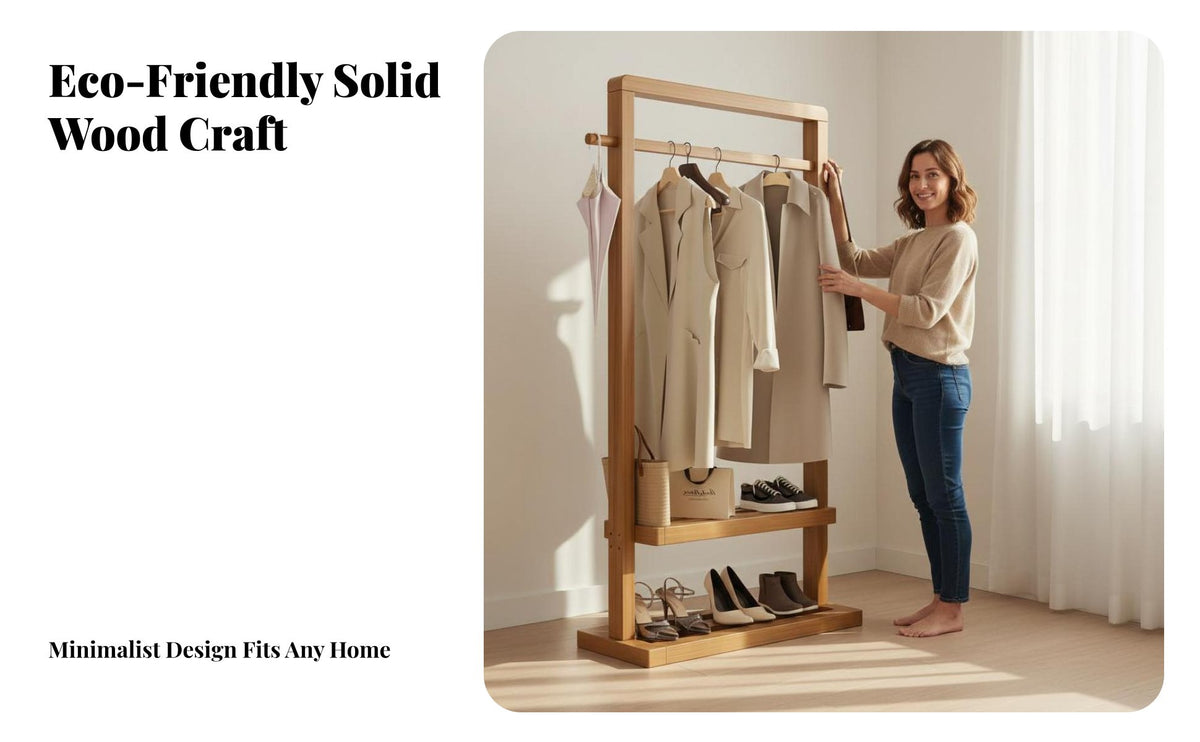 Heavy Duty Complimentary Standing Clothes Rack Multi-Functional Solid Wood Clothing Stand Large Capacity Bedroom Clothing Storage Rack Easy Assembly for Homeowners, Renters, Students, Hallway, Living Room