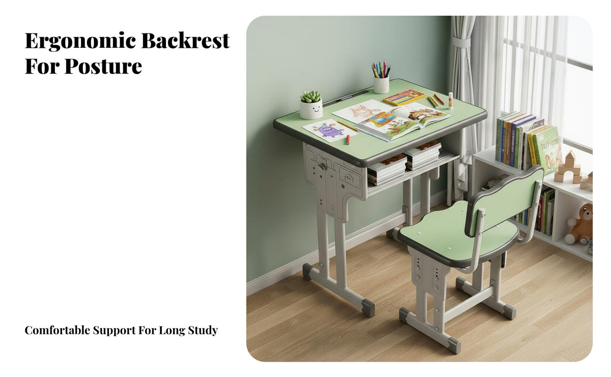 Sturdy Construction Adjustable Kids Study Desk Rounded Corners Liftable Student Desk and Chair Set Easy to Assemble children's Writing Table with Storage Widened Desktop for Students, Classroom, Bedroom, Homeschooling, Playroom