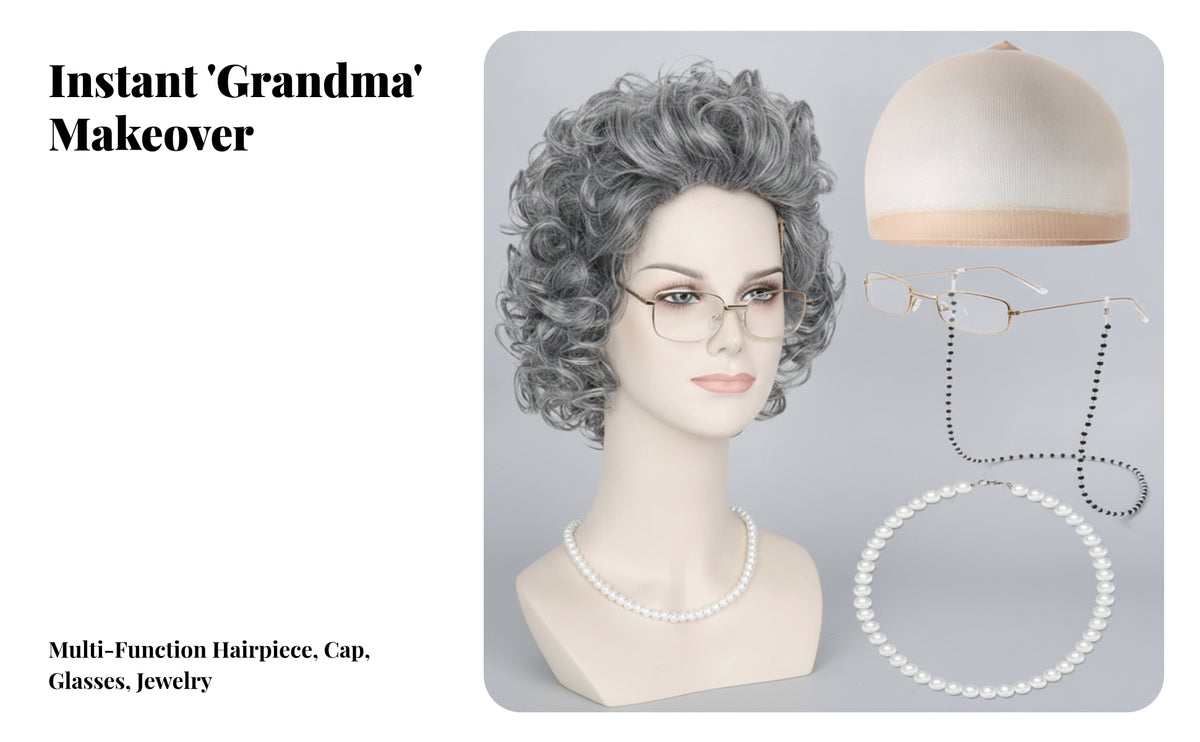 Synthetic Fiber Old Lady Hairpiece Set
