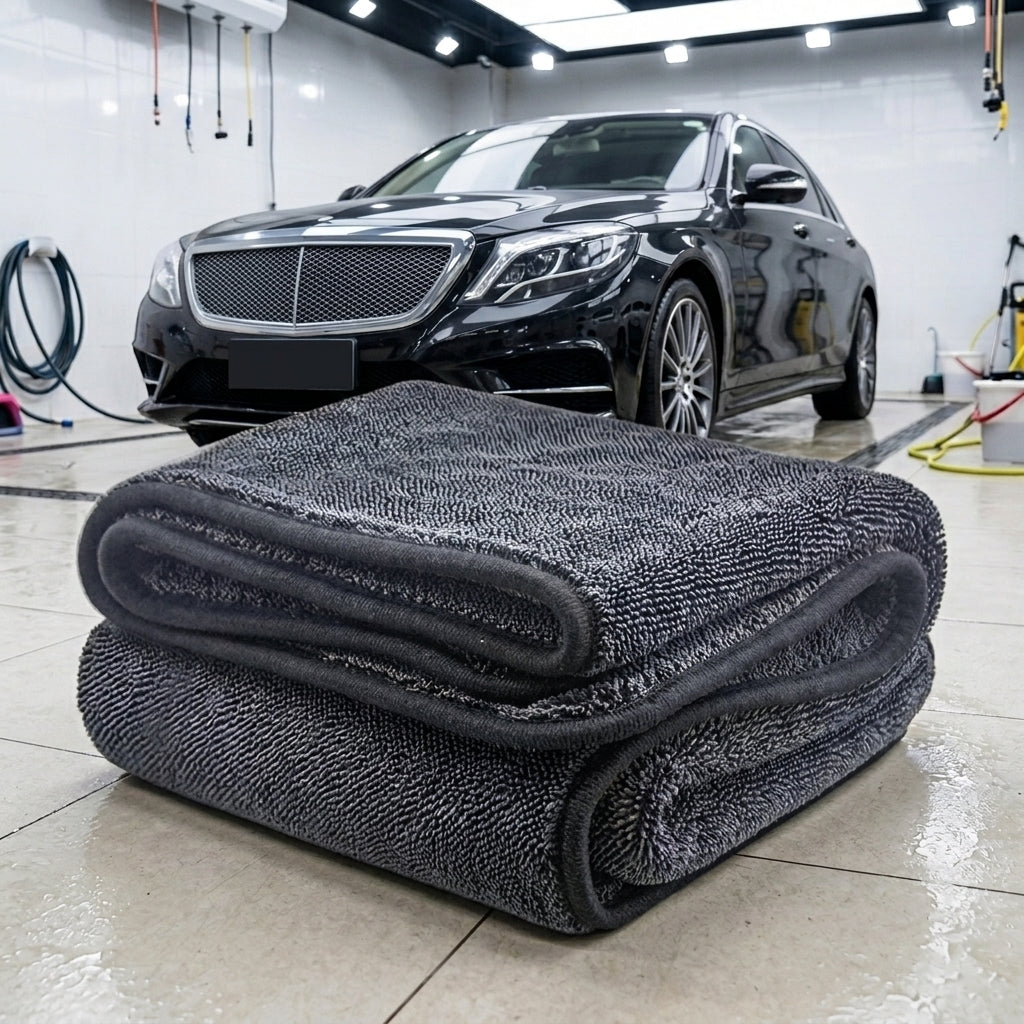 1200 GSM Car Drying Towel, Twisted Loop Towel with Braided Border, Microfibre Cloths for Car Cleaning, Lint and Shedding Resistant Dark Gray