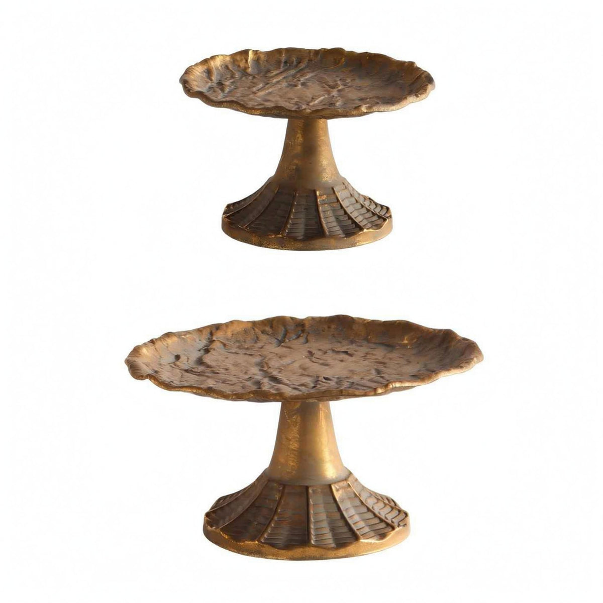 2 Pieces Pedestal Tray Antique Aged Metal Round Tray Leaf-Like rims House Decorative Touch