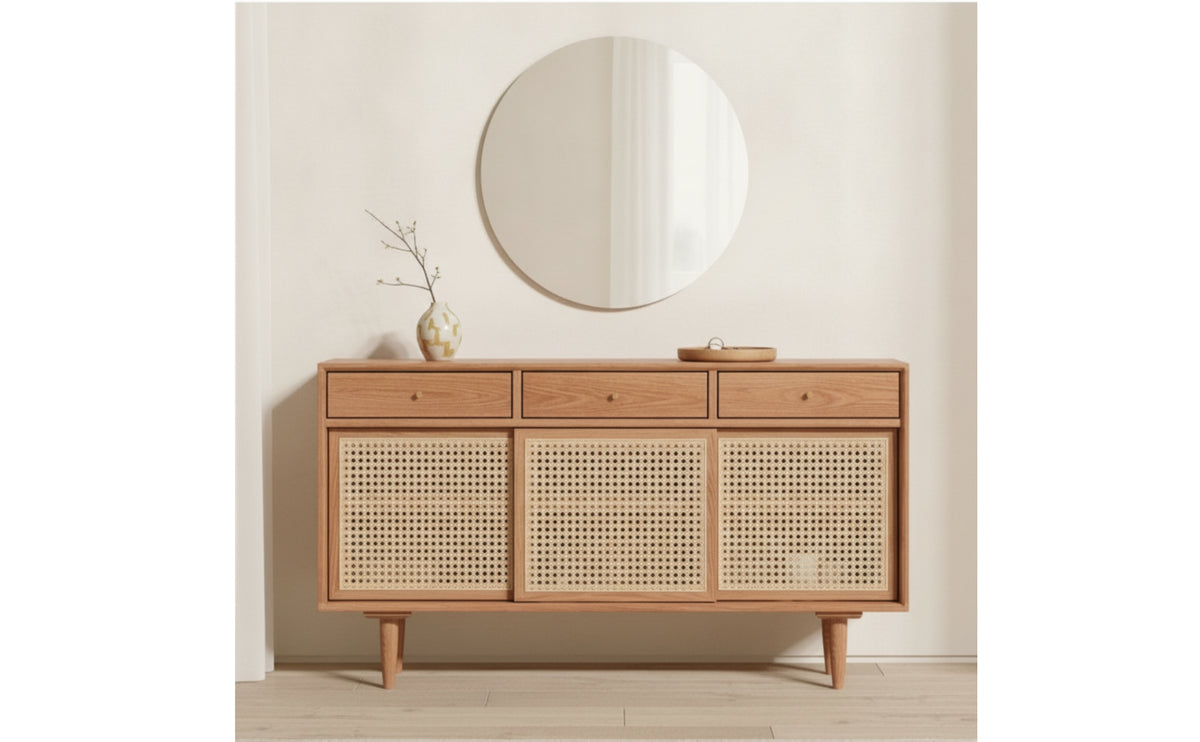 Cabinet with Cane Doors Cherry-Toned Sideboard Cabinet Wooden Credenza for Entryway, Dining Room, Coffee Station