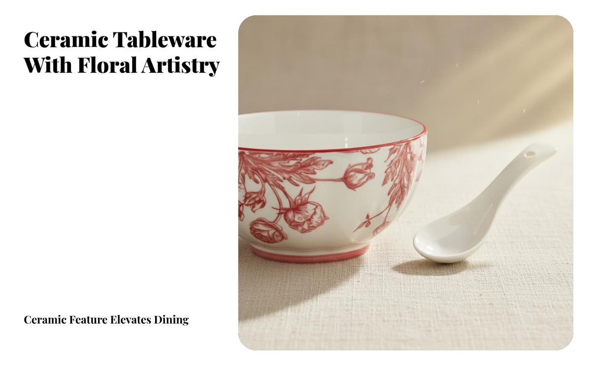 Vintage Red Floral Ceramic Dinnerware Set, Bowl Plate Spoon, Wedding Gift