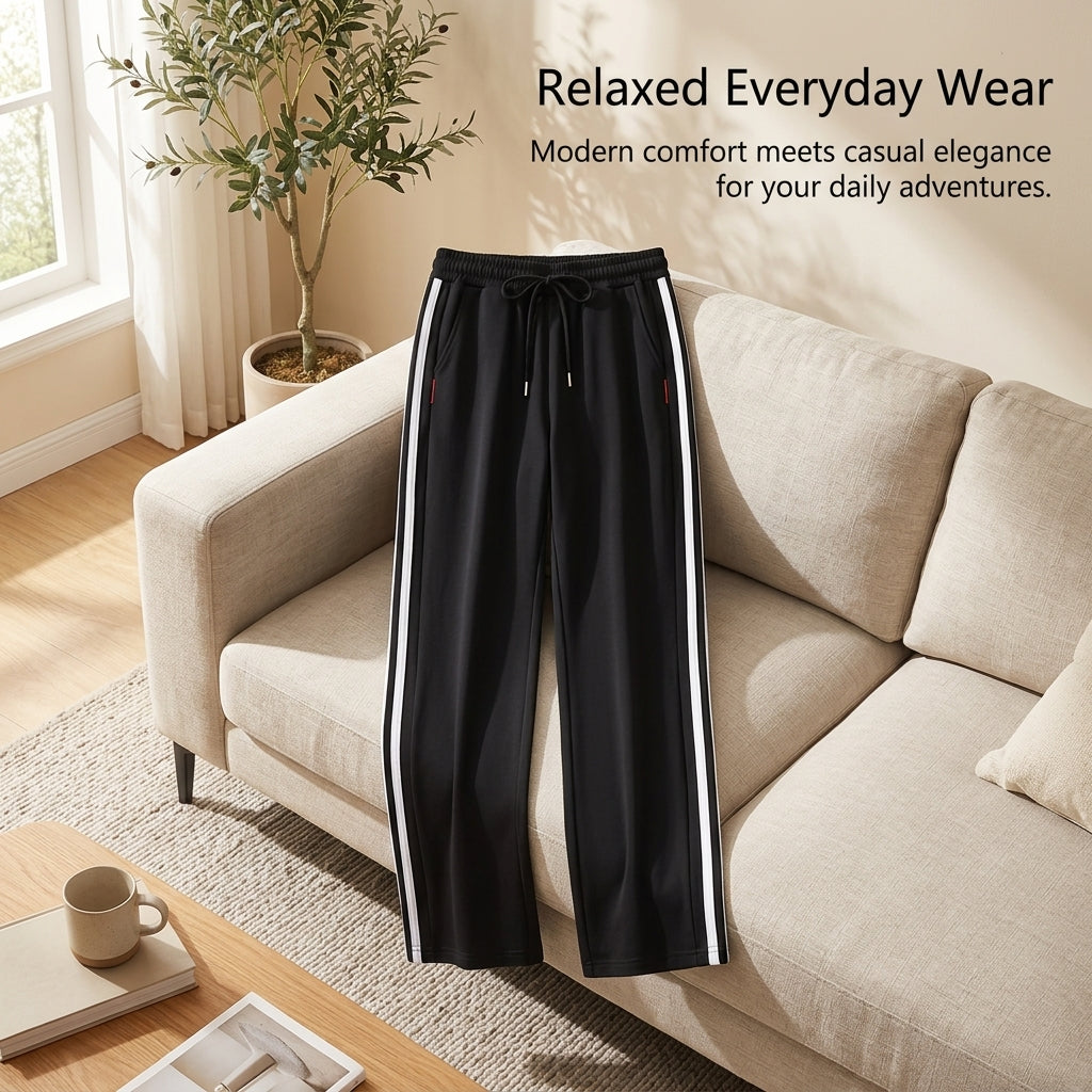 Joggers for Women with Straight Leg Cut and Drawstring Waist, Baggy Blend Pants with Side Stripes for Casual Wear and Sports